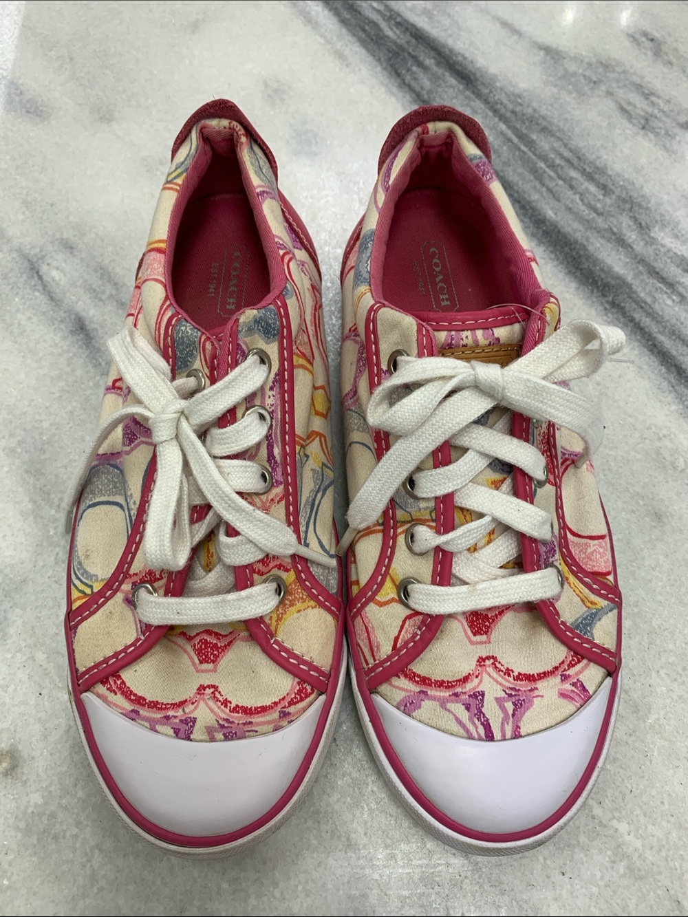 Coach Multicolor Signature Canvas Low-Top Sneakers with Pink Trim